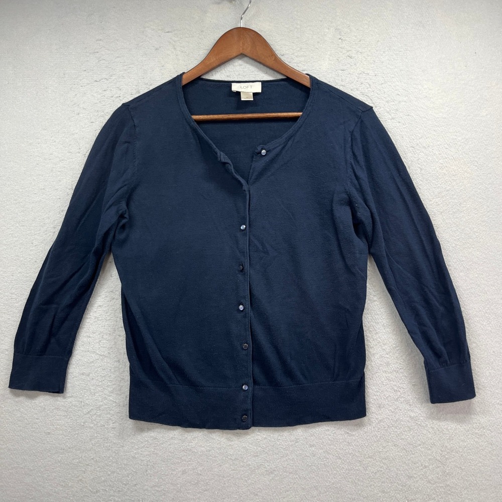 LOFT Cardigan Sweater Womens Medium Navy Blue Cotton Button Front Classic Office